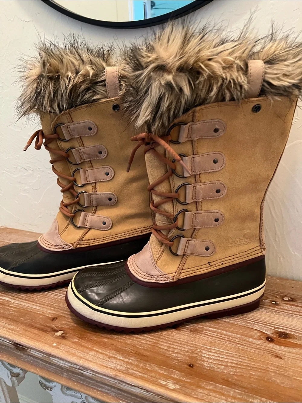 Sorel Women’s Fur-Trim Lace-Up Waterproof Winter Boots - Tan/Black Size 11